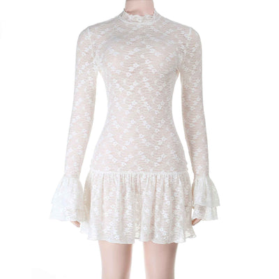Lace See-Through Mini Dress - Long Sleeve V-Neck Apricot