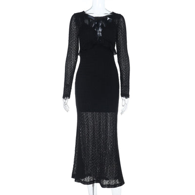 Ribbed Evening Gown - Long Sleeve V-Neck Bodycon Dress - Fashions Envy