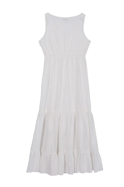 Embroidered V-Neckline Tiered White Maxi Dress