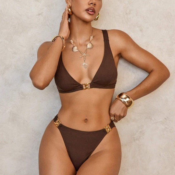 Triangle Bikini - Metallic Coffee Brown Tie-Side - Fashions Envy