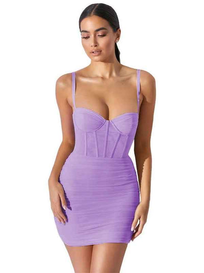 Sheer Mesh Mini Dress - Ruched Spaghetti Strap Bodycon