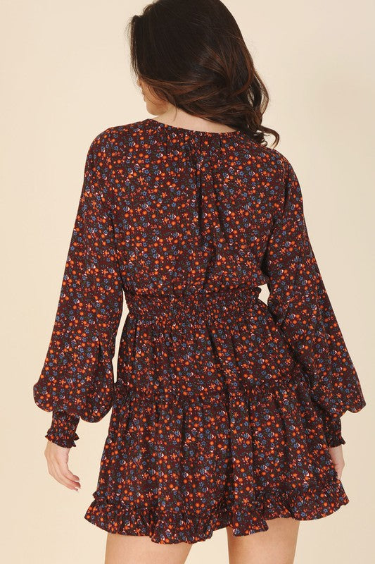 Ditsy Floral V-Neck Long Sleeve Mini Dress