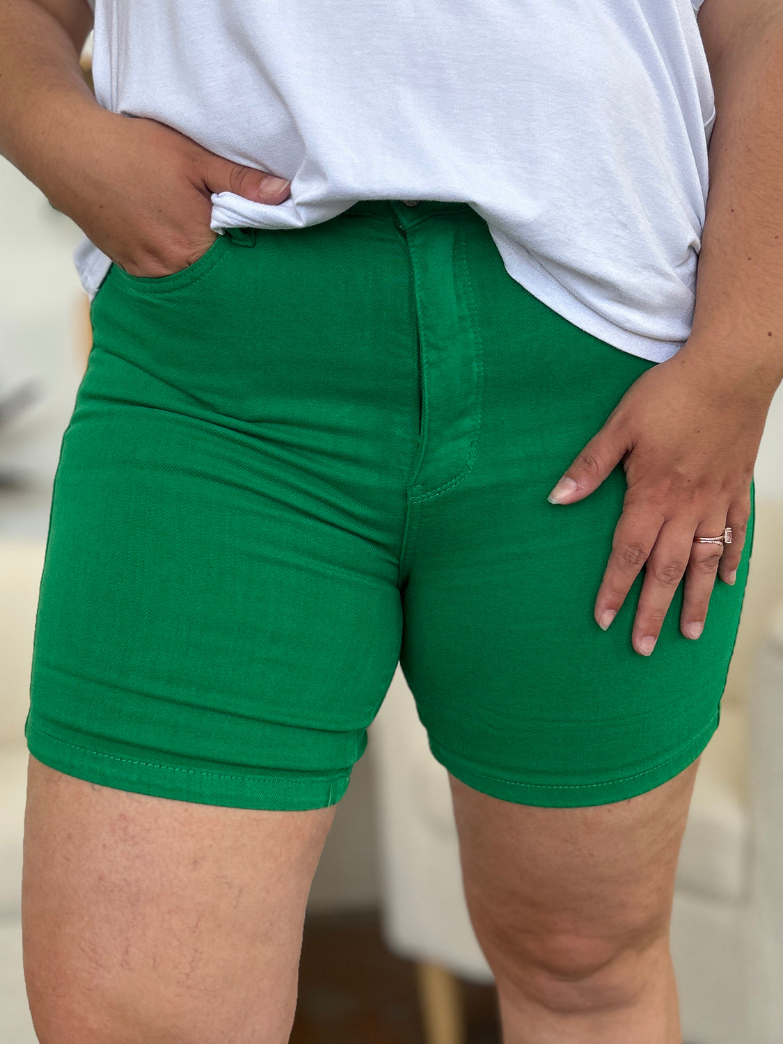 Kelly Green Full Size Tummy Control Garment Dyed Denim JB Shorts