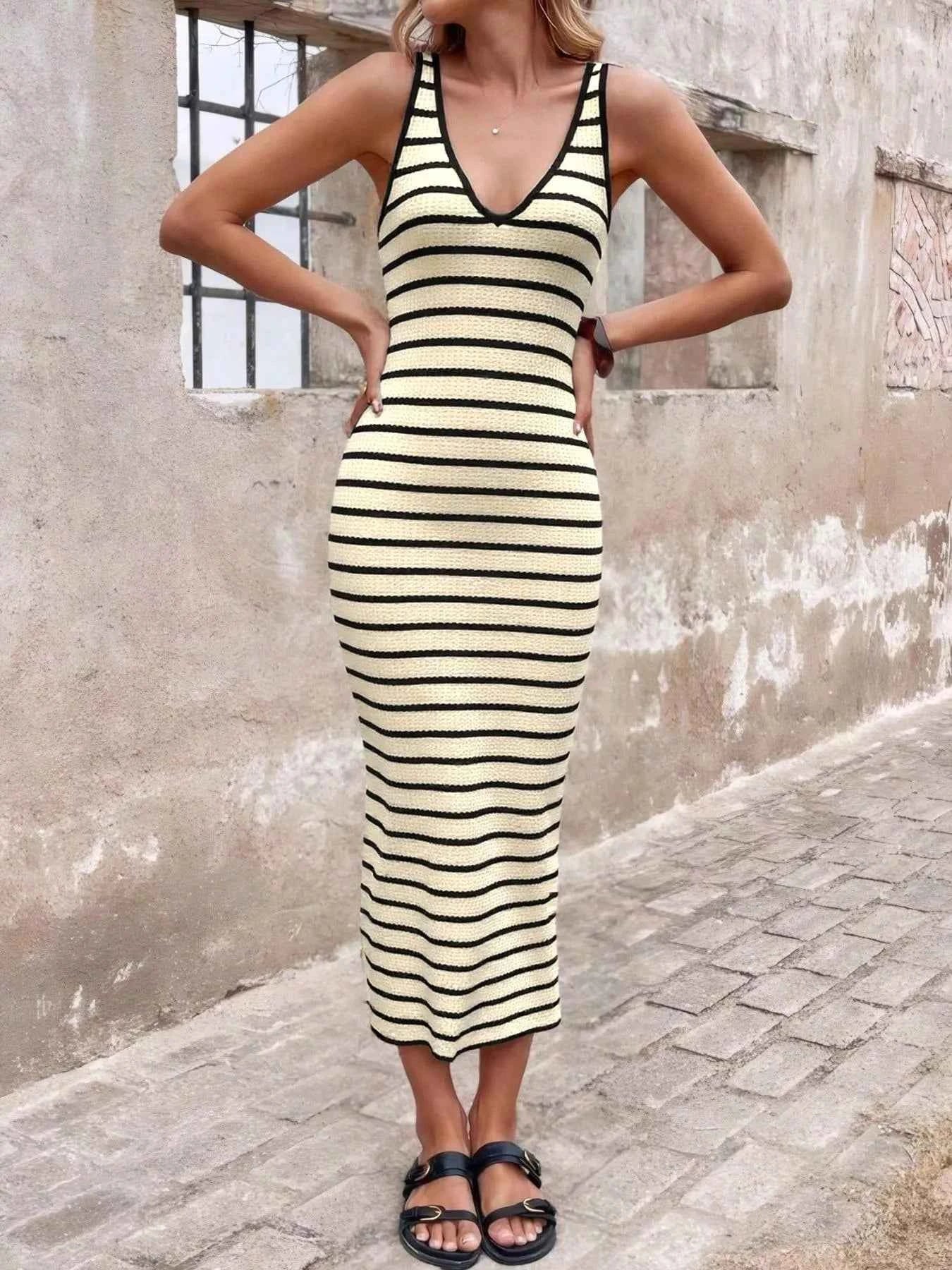 Striped Bodycon Knit Midi Dress