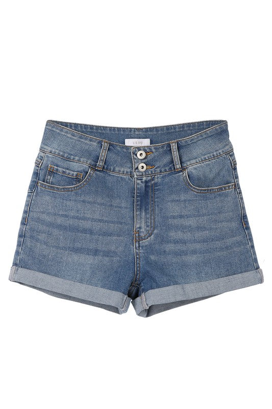 High Waisted Medium Blue Wash Rolled Denim Shorts