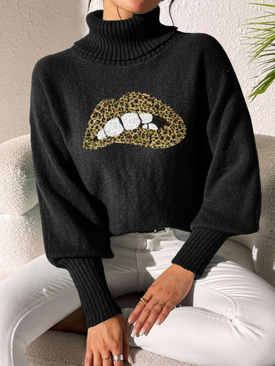 Lip Turtleneck Long Sleeve Sweater - Fashions Envy