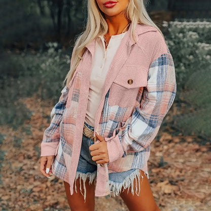 Women's Check Print Button Shirt - Notch Lapel Blouse - Fashions Envy