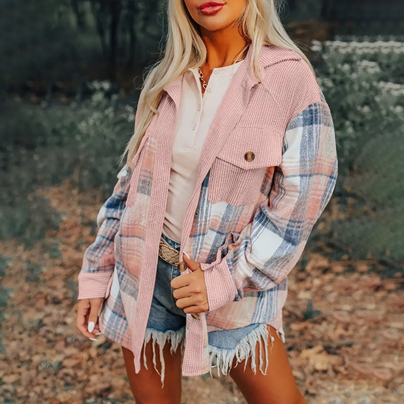 Women's Check Print Button Shirt - Notch Lapel Blouse - Fashions Envy