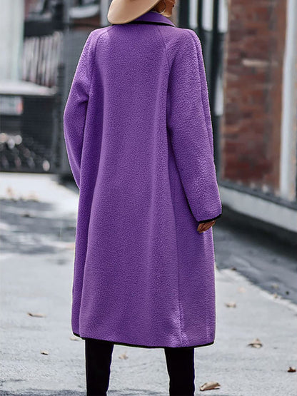 Full Size Contrast Trim Long Sleeve Coat with Pockets - Fashions Envy