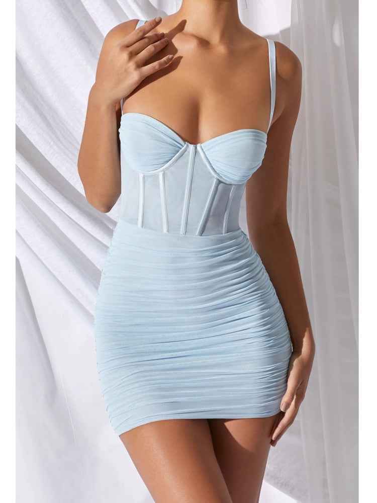 Sheer Mesh Mini Dress - Ruched Spaghetti Strap Bodycon