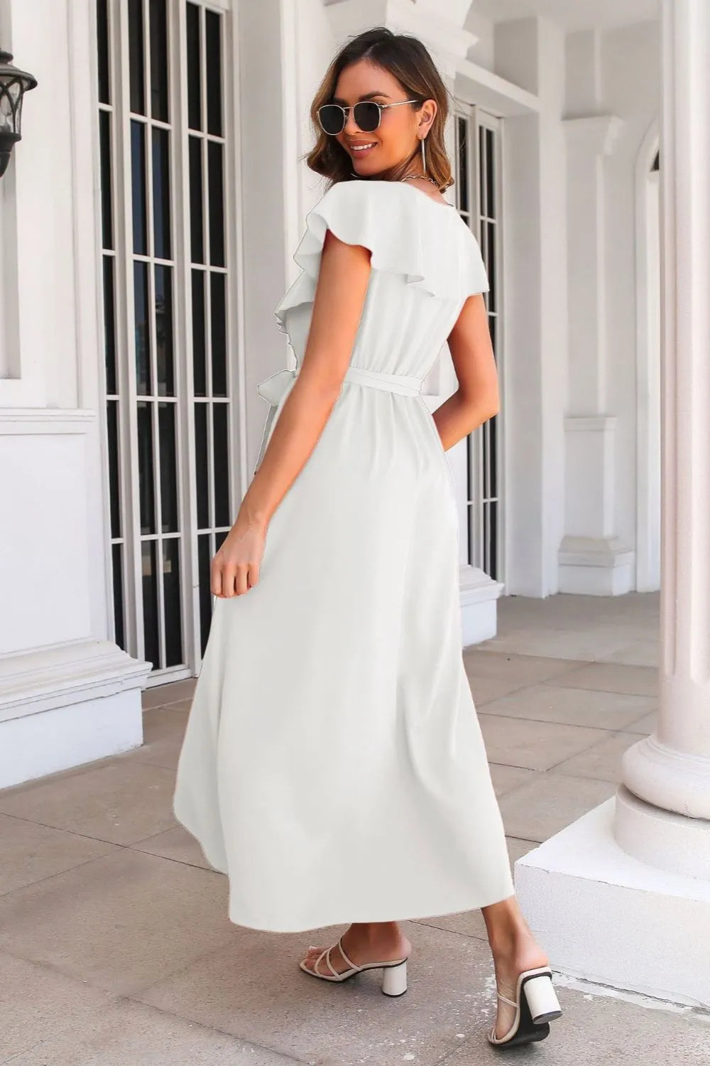 Tied Front Midi Dress - Ruffle Short Sleeve Slit Hem