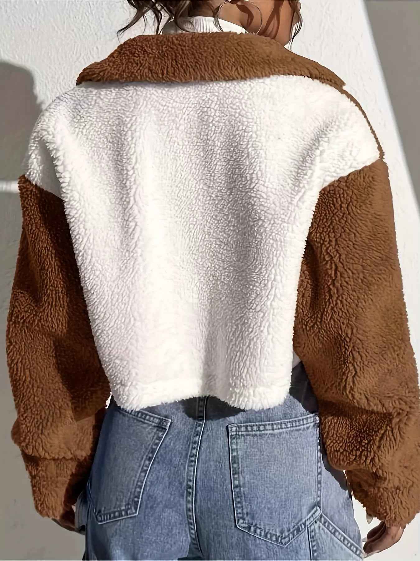 Two-Tone Plush Cropped Jacket - Cozy Button-Up Style - Fashions Envy