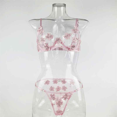 See-through Embroidered Lingerie Set - Sexy Thong and Bra