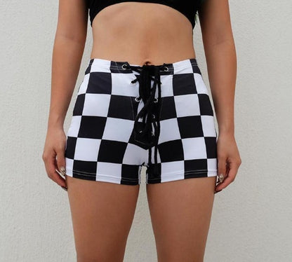 Checkered Lace-Up Shorts - High Waist Hot Pants