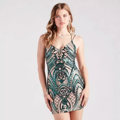 Sequin Backless Mini Dress - One-Shoulder Party Style