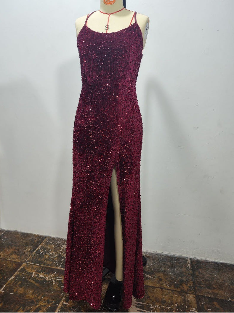 Sequin Camisole Maxi Dress - Thigh Split V-Neck Glam