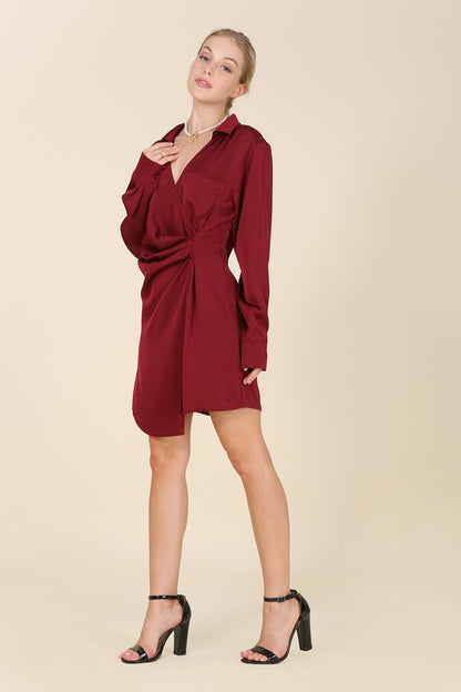 Satin Collared Long Sleeve Wrap Mini Dress