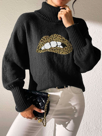 Lip Turtleneck Long Sleeve Sweater - Fashions Envy