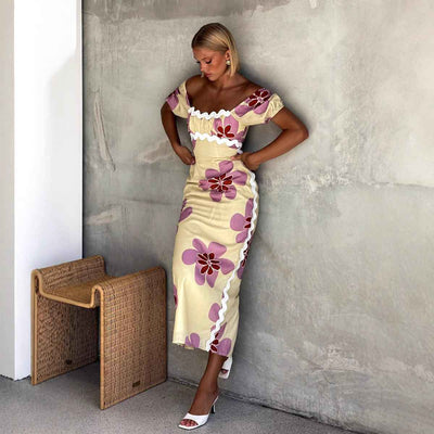 Floral Print Midi Dress - Short Sleeve Front Slit Style