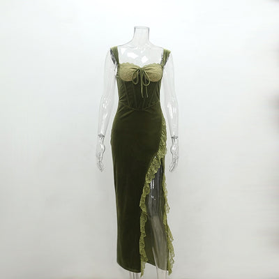 Velvet Evening Dress - Lace High Slit Fitted - Fashions Envy