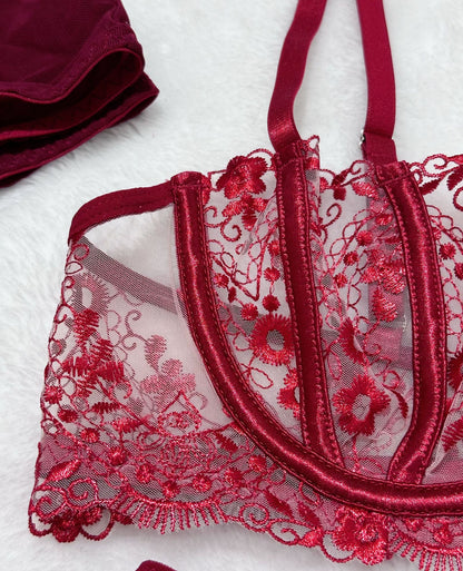 Floral Embroidery Mesh Lingerie Set - Sheer Patchwork - Fashions Envy