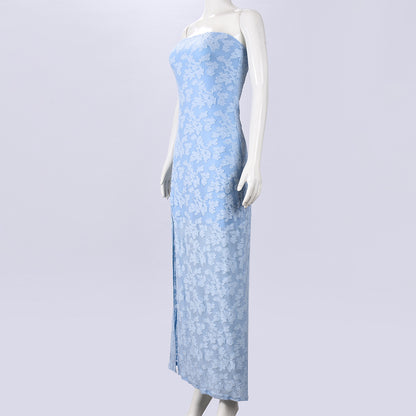 Strapless Backless Maxi Dress - Burnt Floral Blue - Fashions Envy