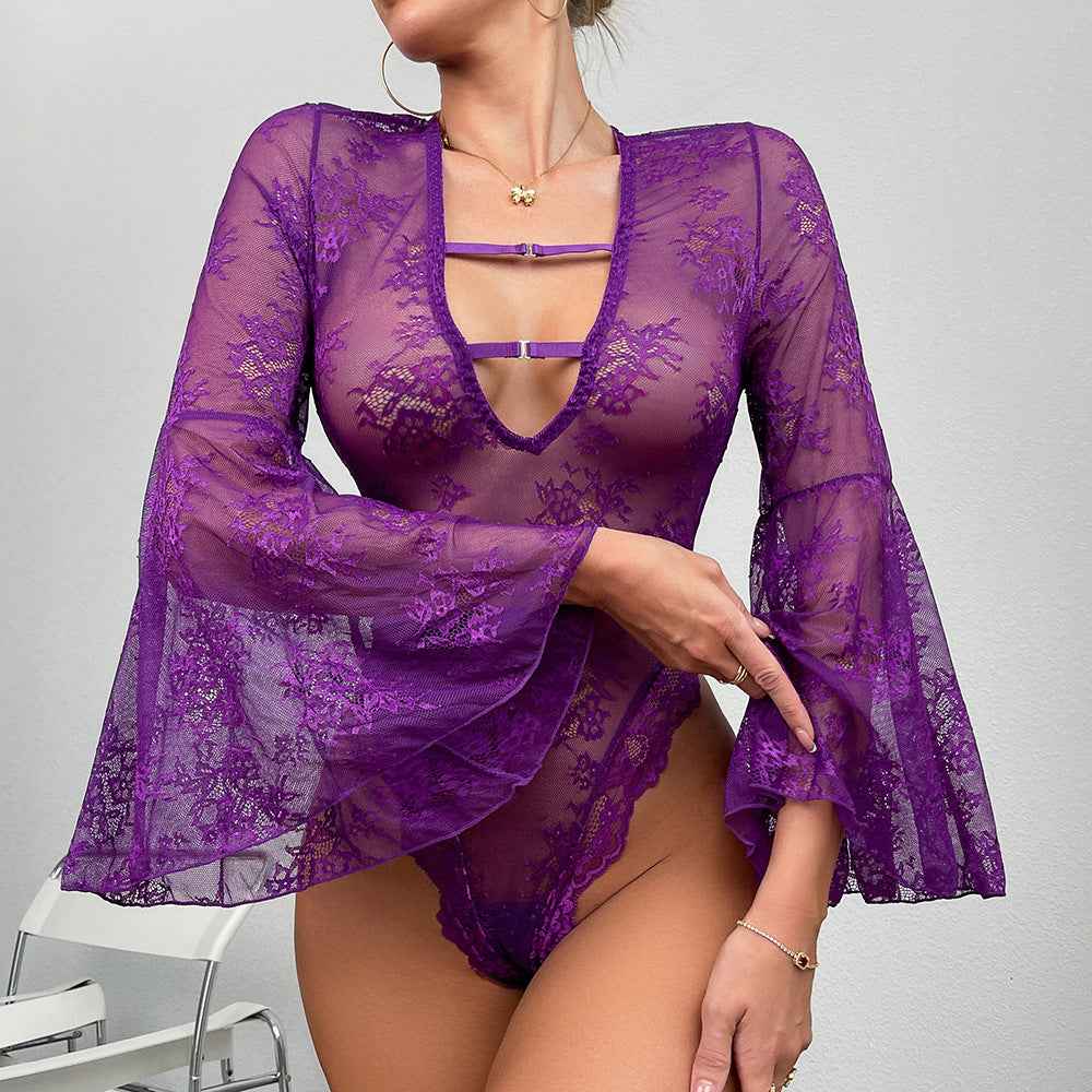 High-Cut Deep-V Bodysuit - Flare Sleeve Lace Lingerie