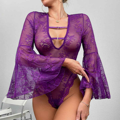 High-Cut Deep-V Bodysuit - Flare Sleeve Lace Lingerie