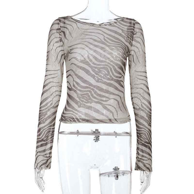 Sheer Animal Print Crop Top - Khaki Long Sleeve Mesh