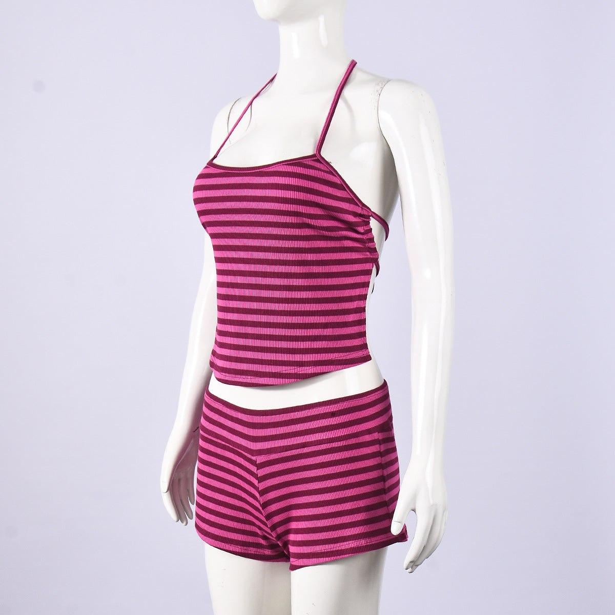 Striped Halter Neck Outfit - Crop Top Shorts Set