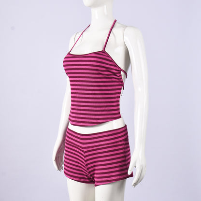 Striped Halter Neck Outfit - Crop Top Shorts Set