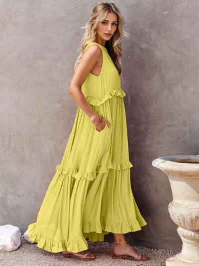 Smocked Tiered Ruffle Maxi Dress - Sleeveless with Pockets