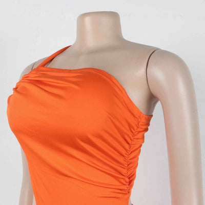 One Shoulder Cutout Maxi Dress - Pleated Bodycon Fit