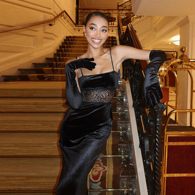 Velvet Evening Gown - Lace Halter with Long Gloves - Fashions Envy