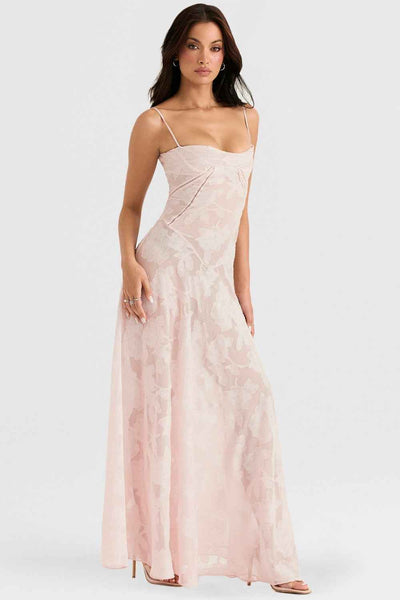 Floral Backless Maxi Dress - Square Neck High Waist Chiffon