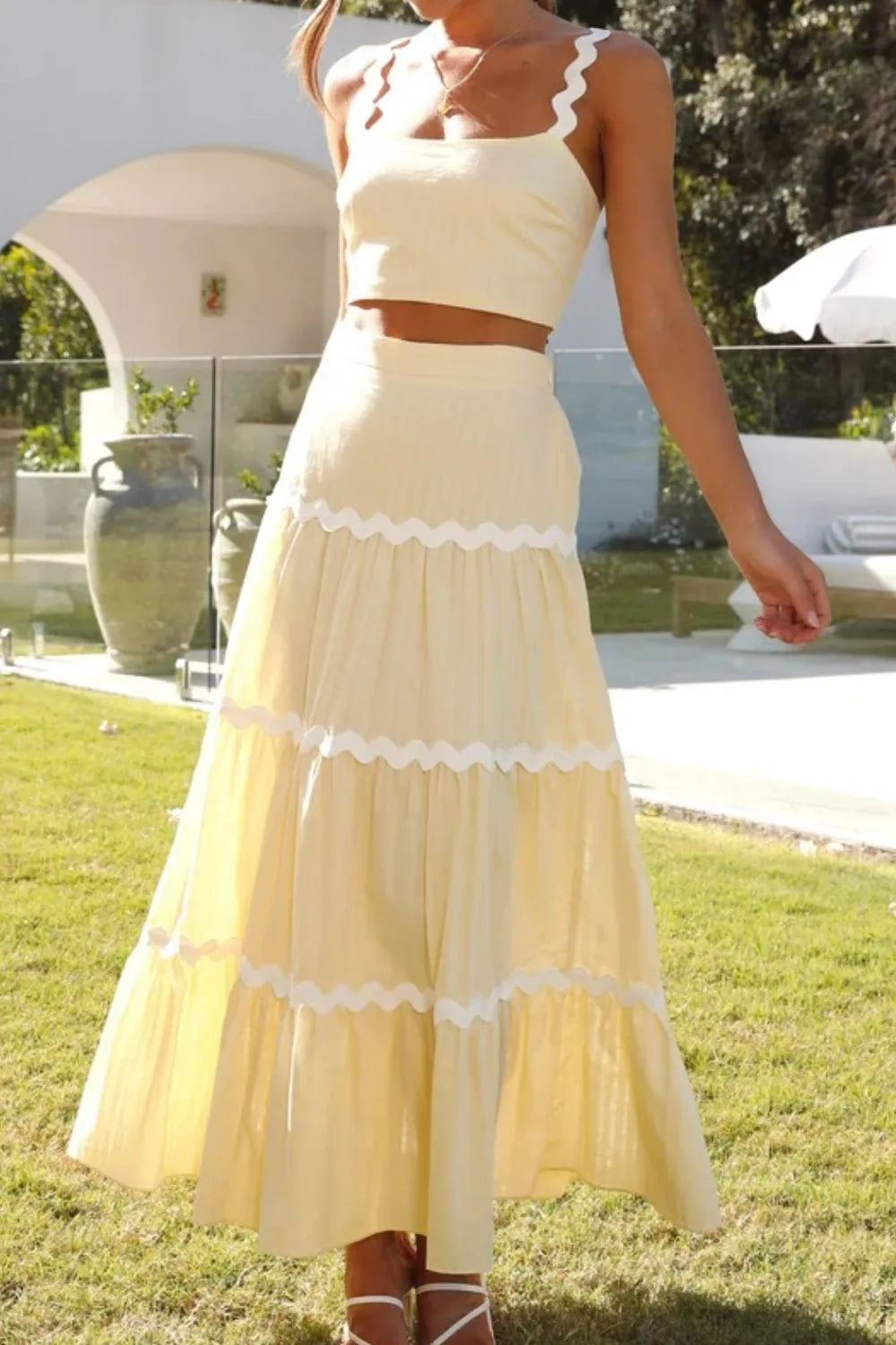 Pastel Yellow Cami and Maxi Skirt Set - Contrast Trim