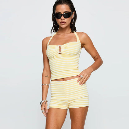 Halter Neck Mini Shorts Set - Decorative Crop Top Outfit