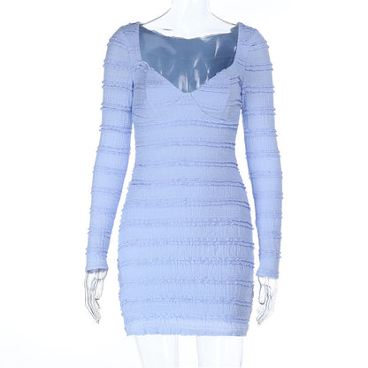 V-Neck Knit Mini Dress - Blue Textured Long Sleeve - Fashions Envy