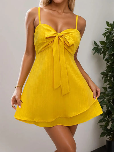 Sweetheart Neck Mini Dress - Gold Bow Front Summer Cami