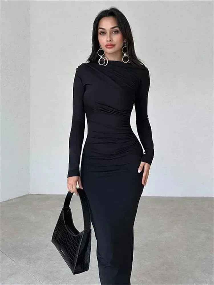 Pleated Maxi Dress - Bodycon Fitted Long Sleeve Elegant