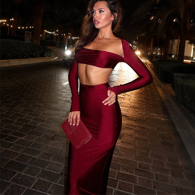 Two-Piece Skirt Set - Strapless Crop Top & Maxi Skirt