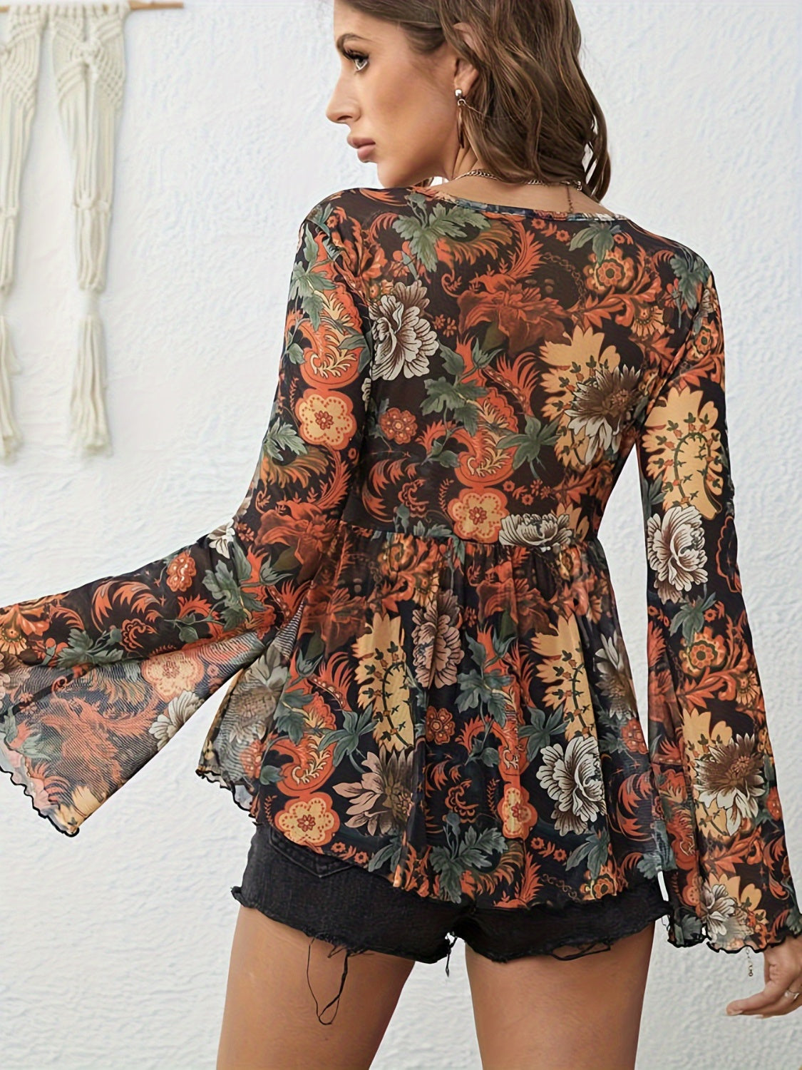 Printed V-Neck Flare Sleeve Blouse