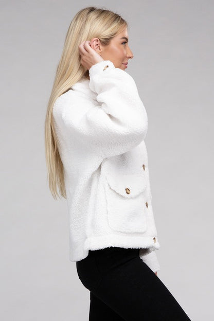 Cozy Sherpa Button-Front Long Sleeve Jacket