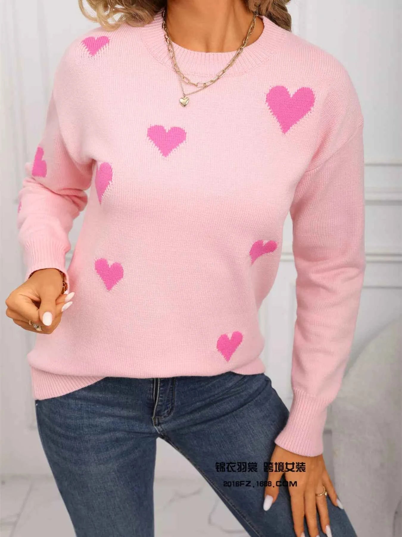Valentine's Day Heart Print Round Neck Sweater - Fashions Envy