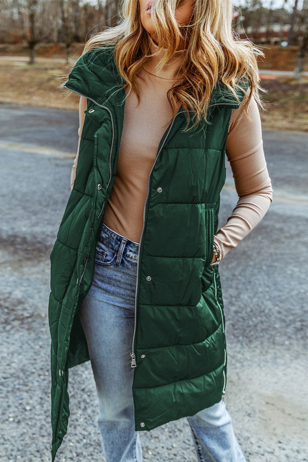 Longline Hooded Sleeveless Puffer Vest - Fashions Envy