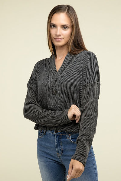 Textured Line Elastic Waist Pullover Top - Fashions Envy
