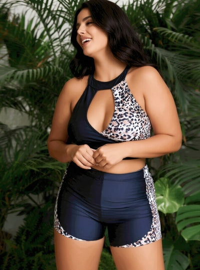 Plus Size Two-Piece Boy Shorts Swimsuit - Navy Leopard Panel - Fashions Envy