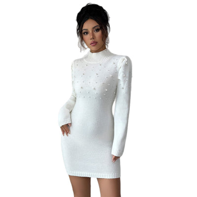 Pearl Sweater Dress - Turtleneck Long Sleeve Embellished