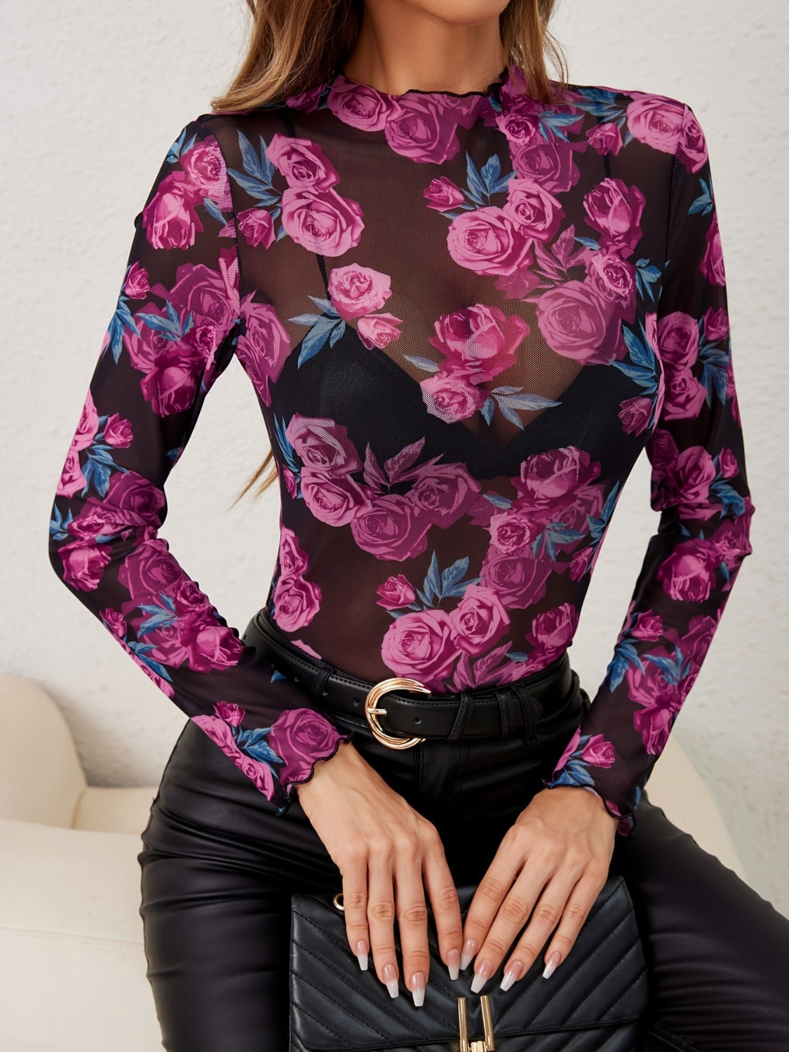 Floral Mock Neck Long Sleeve Top