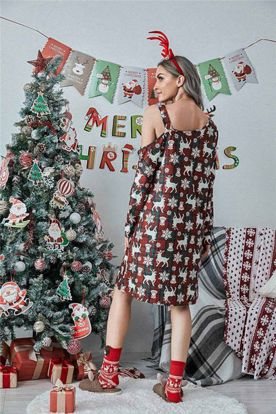 Christmas Asymmetrical Neck Long Sleeve Dress